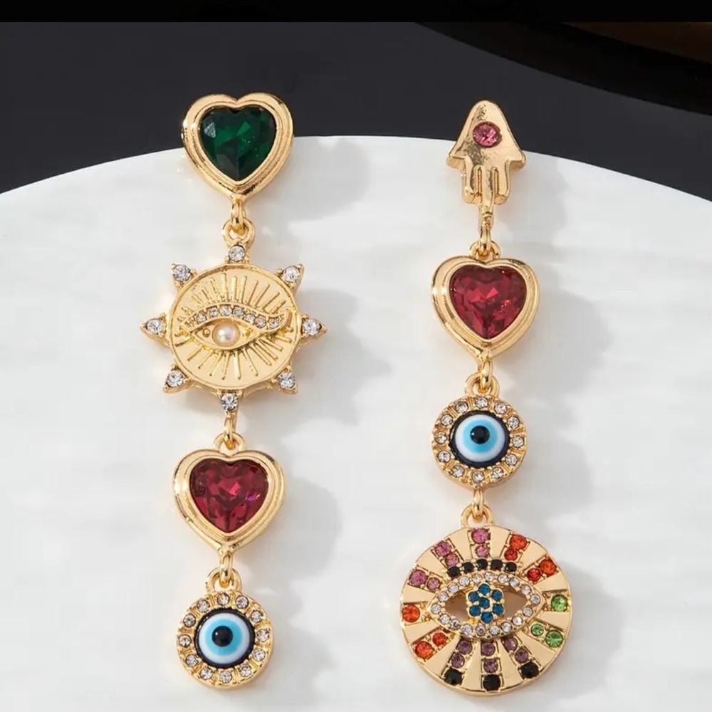 Boho Gold and Multicolor Heart Drop Earrings‎